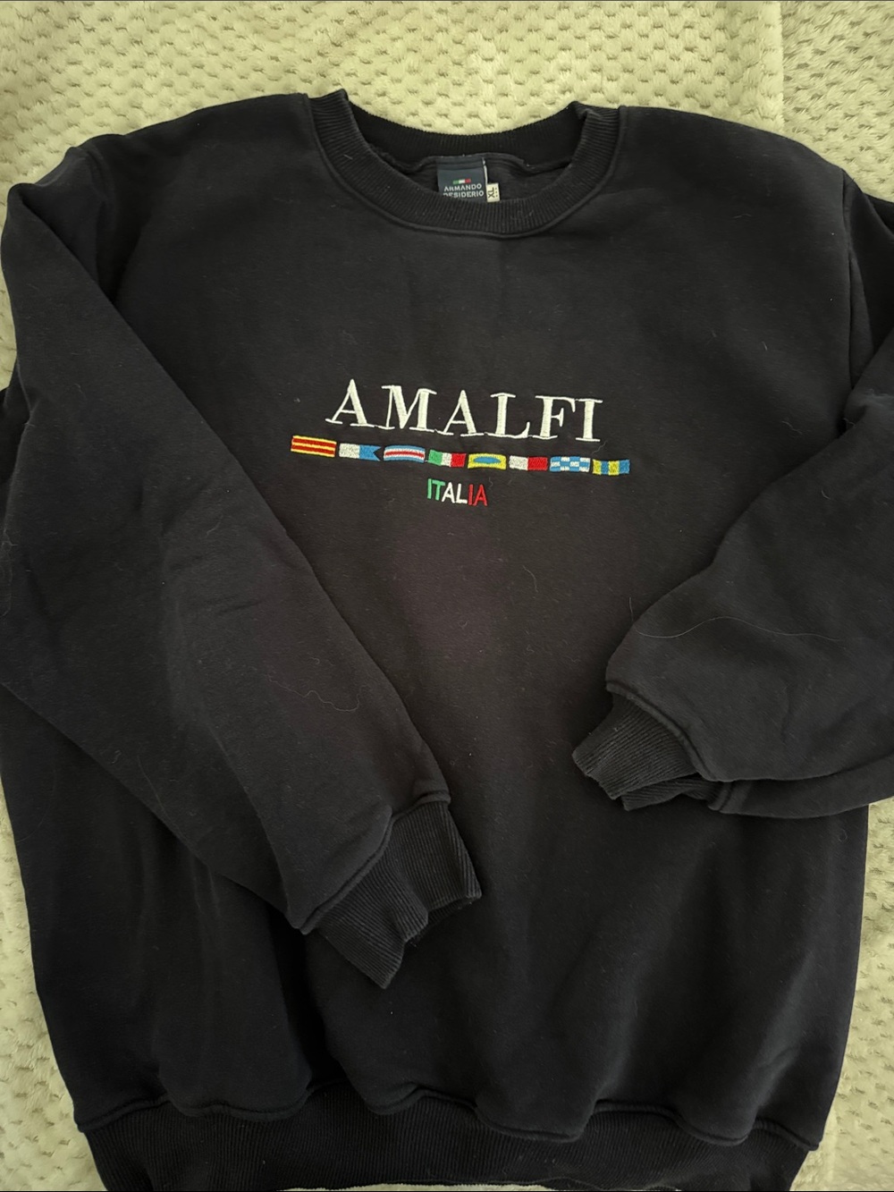 Amalfi Black Crewneck Sweater with Multicolor Embroidered Flags